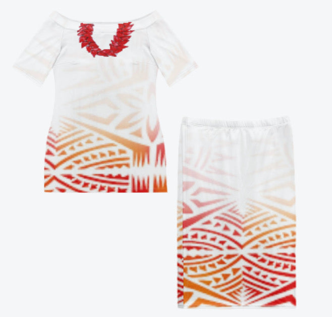 Polynesian Elei designed Custom offshoulder 2pcs Puletasi