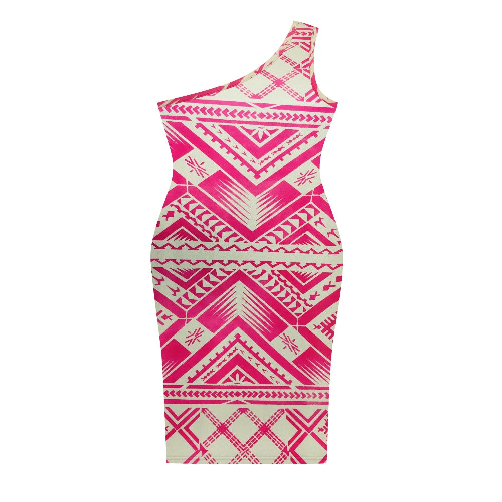 Ladies One- Shoulder Slim Dress in Tribal design