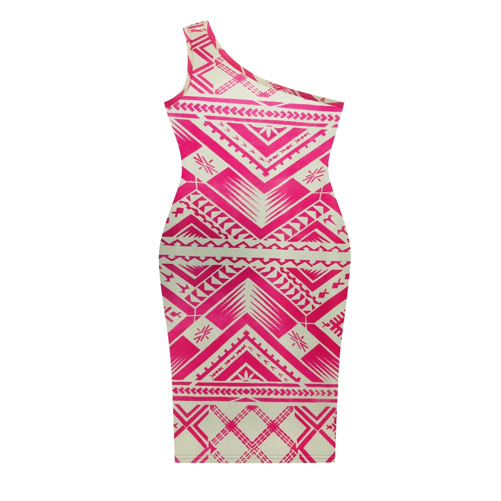 Ladies One- Shoulder Slim Dress in Tribal design