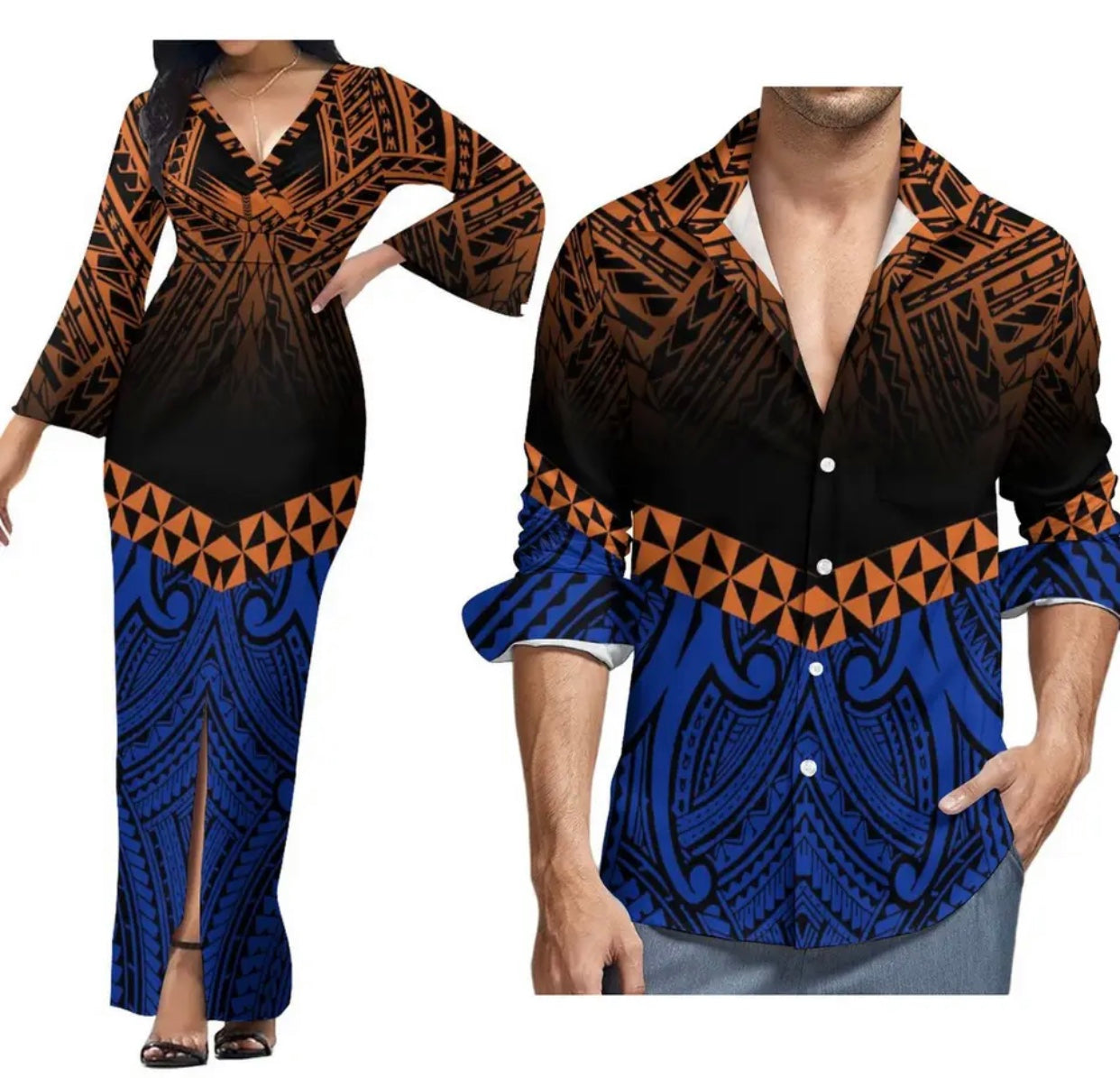 Ladies V-Neck dress & Men’s matching long sleeve shirt
